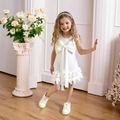 Détail de robe de princesse blanche sans manches avec grand nœud et jupe à volants - 90cm-3Y / Blanc