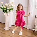 Détail d'une robe de fête rose pour fille avec grand nœud et ourlet à volants étagés - 90cm-3Y / Rose Rouge