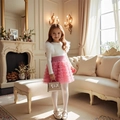 Mädchen Prinzessin Set mit weißem Langarmshirt und rosa gestuftem Tüllrock für Kinder - 90cm-3Y / Weiß + Rosa