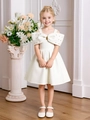 Elegant white satin flower girl dress with off-shoulder bow detail and full pleated skirt - White / 90cm-3Y