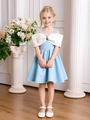 Detail of light blue girls' gown featuring a large white bow with gold bead embellishments - Sky Blue / 90cm-3Y