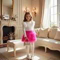 Mädchen Langarm-Strickoberteil mit Volants und rosa gestuftem Tüllrock als Set - 90cm-3Y / Weiß und Rosarot