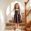 Detail of girls brown faux leather pinafore dress with white ribbed long sleeve top - Coffee / 90cm-3Y