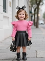Pink knit long sleeve ruffle top and black pleated faux leather skirt two-piece outfit - 90cm-3Y / Rose Red Top + Black Skirt