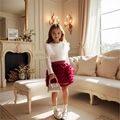 Mädchen-Set mit weißem Strickoberteil, Rüschen und burgunderrotem Tüllrock - 90cm-3Y / Weiß und Burgunderrot