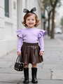 Girls purple knit long sleeve top and brown faux leather pleated skirt two-piece outfit set - 90cm-3Y / Purple Top + Coffee Skirt