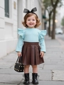 Girls long sleeve ribbed knit top and pleated PU leather skirt set with accessories - 90cm-3Y / Light Blue Top + Coffee Skirt
