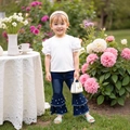 Detail von Mädchen Waffel-Puffärmel-Top und Schlagjeans mit Perlenfransen - 90cm-3Y / Weiß