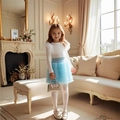 Girls' white long sleeve knit top with blue tiered tulle skirt princess party outfit - White+Blue