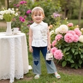 Mädchen-Modeset mit weißer Blumenbluse und Herz-Schlagjeans mit Farbverlauf - 90cm-3Y / Weiß
