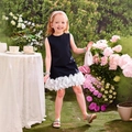 Robe trapèze noire sans manches pour fille avec ourlet à volants floraux 3D blancs - 90cm-3Y / Noir + Blanc