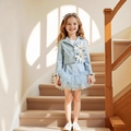 Completo bambina celeste con giacca a fiori 3D e gonna in tulle vaporosa - 90cm / Azzurro