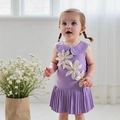 Abito a pieghe viola per bambine con colletto in pizzo e fiori 3D bianchi - 90cm-3Y / Lavanda