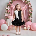 Detail of elegant girls party dress with large satin bow and layered tulle skirt - 110cm (5Y) / Black