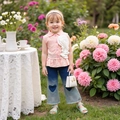 Mädchen-Set mit 3D-Blumenhemd und Schlagjeans mit Herz-Patch in Rosa und Blau - 90cm-3Y / Rosa