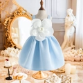 Ärmelloses Satin-Prinzessinnenkleid für Mädchen in Hellblau mit großer weißer Kamelienblüte - 90cm-3Y / Himmelblau