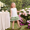 White sleeveless girl's dress with green layered organza ruffles and floral accessories - White+Green/White