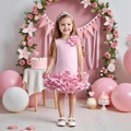 Elegantes rosa Mädchen-Ballkleid mit 3D-Blumen und voluminösem Blütenblatt-Rock - 90cm-3Y / Rosa