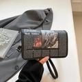 Vintage newspaper print square crossbody bag with leather strap and golden zipper - Black