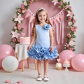 Elegantes blaues Mädchenkleid mit voluminösem Blütenrock und Schulterblumendetail - 90cm-3Y / Blau
