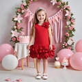 Elegantes rotes ärmelloses Mädchenkleid mit 3D-Blütenblättern und Blumen am Schulterteil - 90cm-3Y / Rot