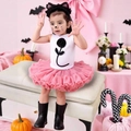 Jupe tutu rose multicouche avec haut floral noir et serre-tête oreilles de chat - 100-4Y / Débardeur à fleurs blanches + Jupe rose foncé