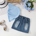 Completo bimba con top monospalla azzurro e gonna di jeans con fiocchi in vista piatta - 140cm-8Y / Blu lago