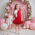 Eleganter roter ärmelloser Mädchen-Festkleid mit großer weißer Schleife und Rüschenrock - 110cm (5Y) / Rot