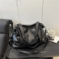 Minimalist large black PU leather shoulder bag with silver hardware for daily commute - Black