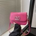 Minimalist rose pink crossbody flap bag with silver M logo and leather shoulder strap - Rose Pink