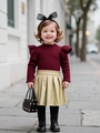 Girls burgundy knit top with ruffles and khaki pleated leather skirt set - 90cm-3Y / Jujube Red Top + Khaki Skirt