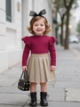 Girls dark red ruffle knit sweater and beige pleated faux leather skirt outfit - Red Top + Khaki Skirt