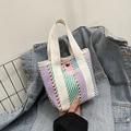 Mini striped woven tote bag with colorful summer stripes and white canvas handles - Style 3