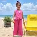 Girls' pink summer two-piece set featuring a sleeveless vest and pleated wide-leg trousers - 90cm-3Y / Rose Pink Three Piece Set