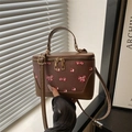 Braune Box-Tasche im Vintage-Stil mit Kirschdruck, Handgriff und verstellbarem Gurt - Braun