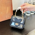 Transparent mini crossbody bag with black cat ear flap and elegant pearl handle strap - Black