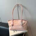 Pink snakeskin embossed shoulder bag with pearl bow charm and long straps for women - Pink With Heart Pearl Bow Charm