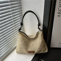 Beige geflochtene Stroh-Tote-Bag mit schwarzen Ledergriffen und modischem Lederpatch - Schwarz
