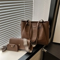 Brown crocodile pattern 3-piece bag set with wide jacquard strap and tote style - Brown