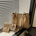 Three-piece khaki tote bag set with crocodile pattern embossing and woven strap - Khaki