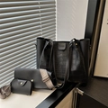 Black 3-piece tote bag set with crocodile texture and ethnic style woven strap - Black