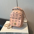 Pink faux leather backpack with cartoon bear prints and golden metal chain strap - Pink
