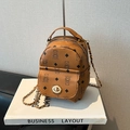 Coffee brown mini bear print backpack with golden twist lock and chain strap for women - Brown