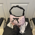 Sac à main texturé rose avec nœud noir et bandoulière chaîne argentée pour femme - Rose