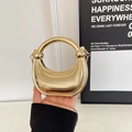 Golden crescent evening bag with ring handle and metal chain for women - Gold