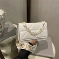 White quilted flap bag with golden chain and patterned wide fabric shoulder strap - White