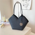 Black and gray monogram tote bag with V-shaped opening and metallic letter charm - Black