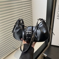 Retro black wrinkled underarm bag with silver buckle and shiny synthetic leather finish - Black