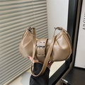 Chic khaki pleated hobo bag in glossy leather with silver buckle and adjustable strap - Khaki