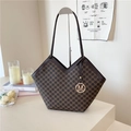 Dark brown tote bag with M-letter monogram print and golden metal pendant detail - Brown